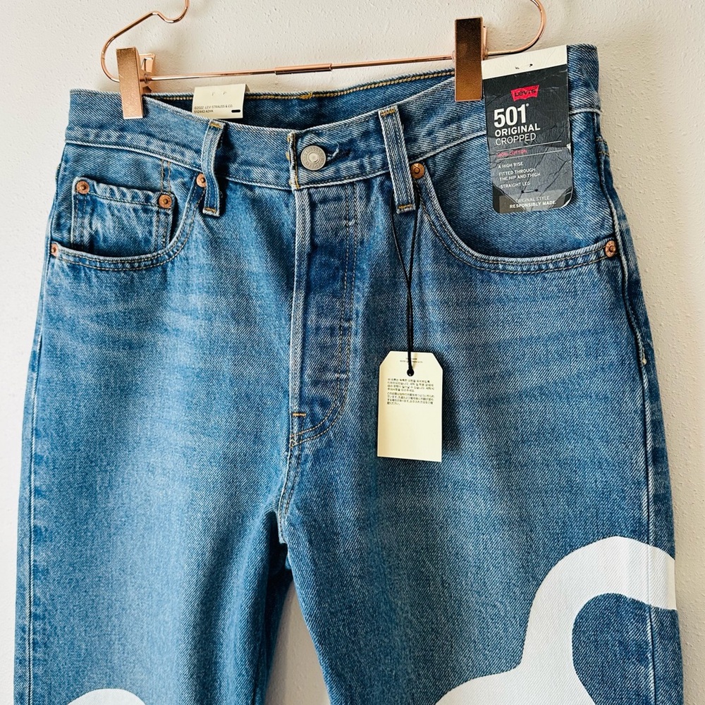 New Levi's 501 Crop high rise straight leg blue 100% cotton Floral print Jeans - Picture 9 of 10